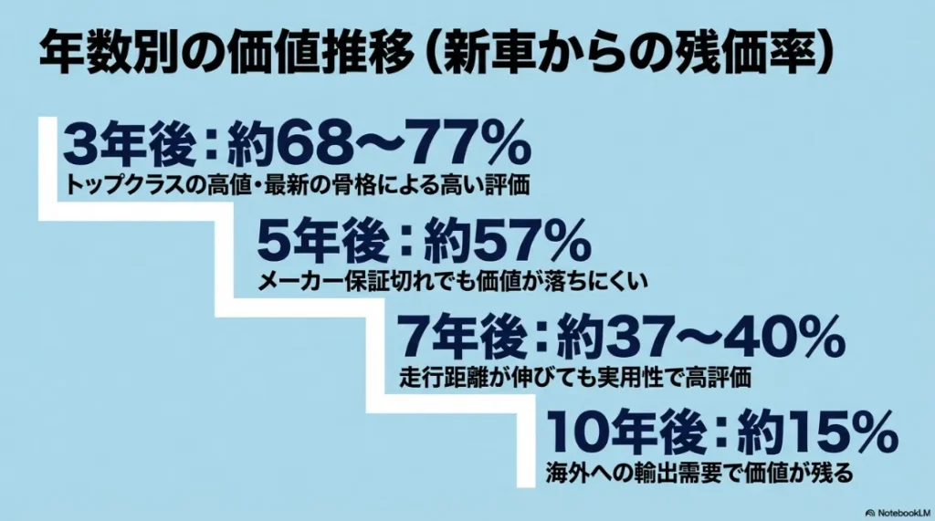 シエンタの経過年数ごとの残価率推移グラフ。3年後（68-77%）、5年後（約57%）、7年後（37-40%）、10年後（約15%）の数値を記載。