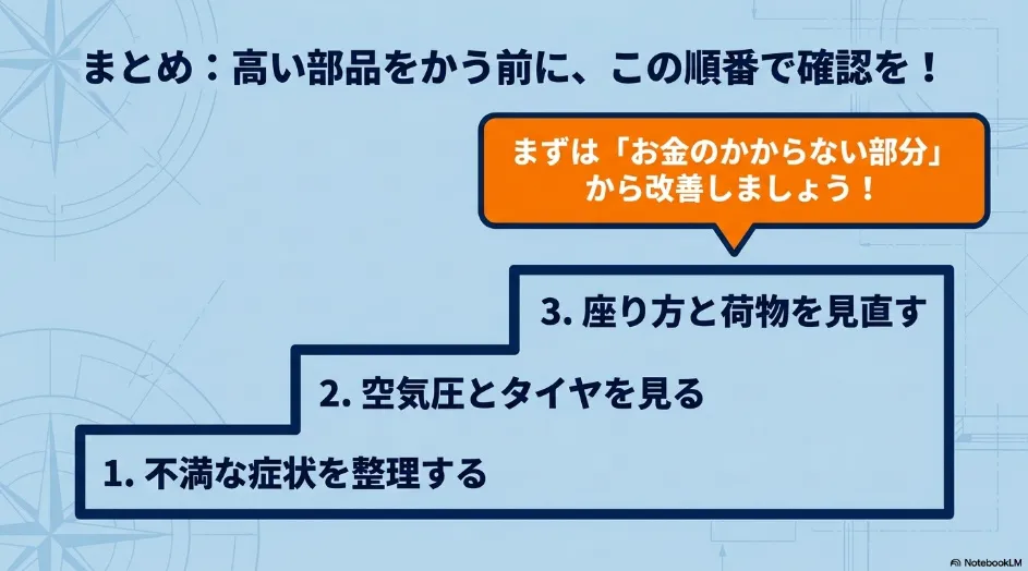 シエンタの乗り心地改善で症状整理・空気圧とタイヤ確認・座り方と荷物の見直しを順番に示した図