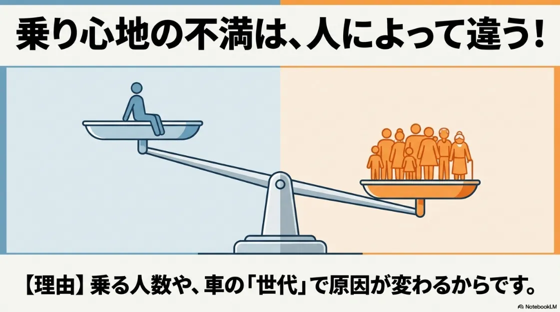 乗る人数や車の世代によって、シエンタの乗り心地への不満が異なることを示す比較イラスト。