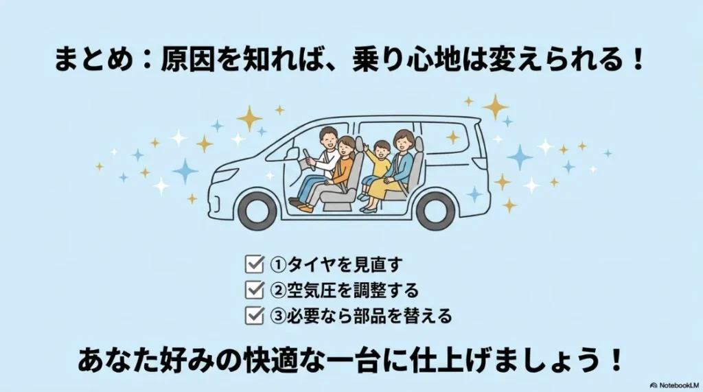 シエンタの乗り心地を改善する3つのステップ（タイヤ、空気圧、部品交換）をまとめた画像。