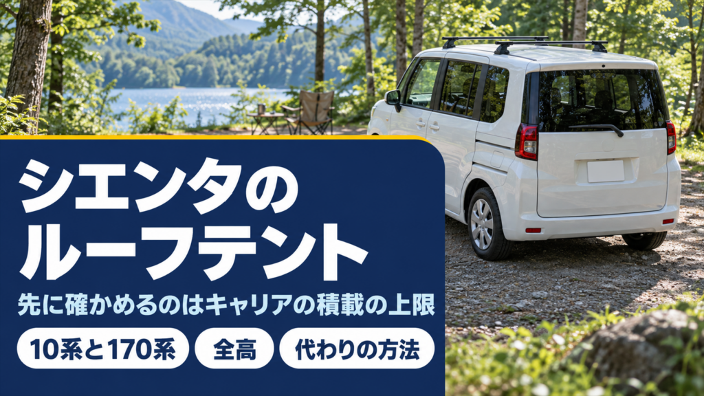 キャンプ場でベースキャリアを付けた白いミニバンとルーフテントのバナー