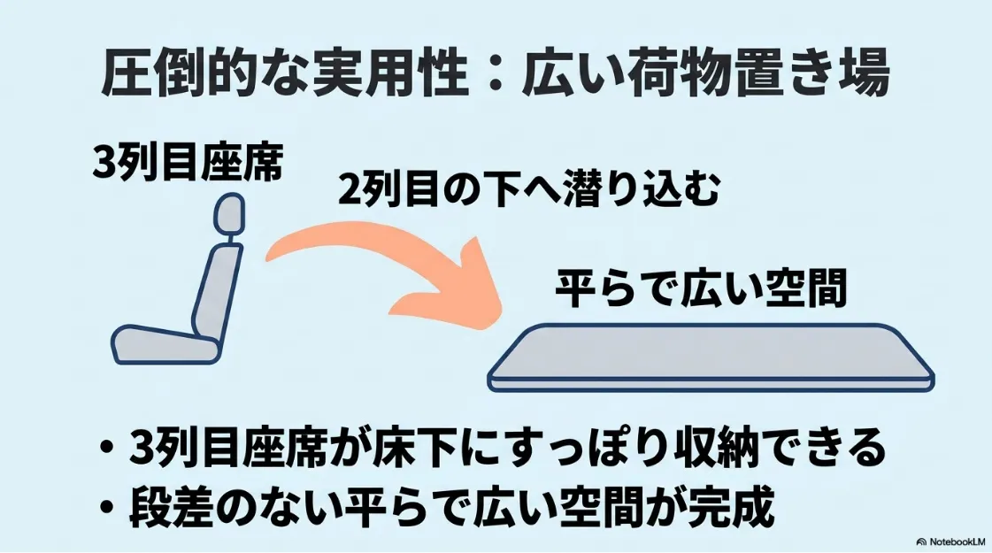 3列目座席が2列目の下にすっぽり収納される「ダイブイン格納」により、段差のない平らで広い空間が完成する様子 。
