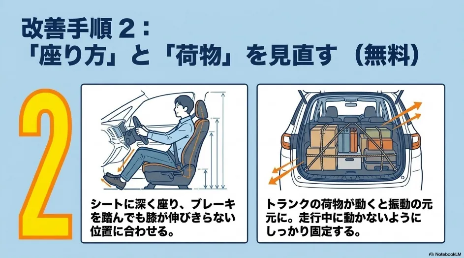 シエンタの運転姿勢を調整する方法と荷室の荷物を固定する必要性を示した図