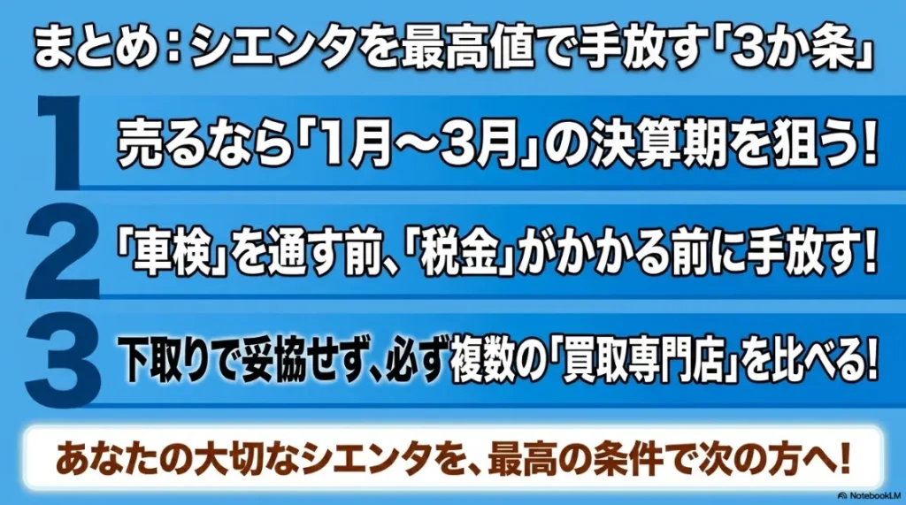 シエンタを最高値で手放す3か条のまとめ。決算期を狙う、車検・税金前に動く、複数の買取専門店を比べる