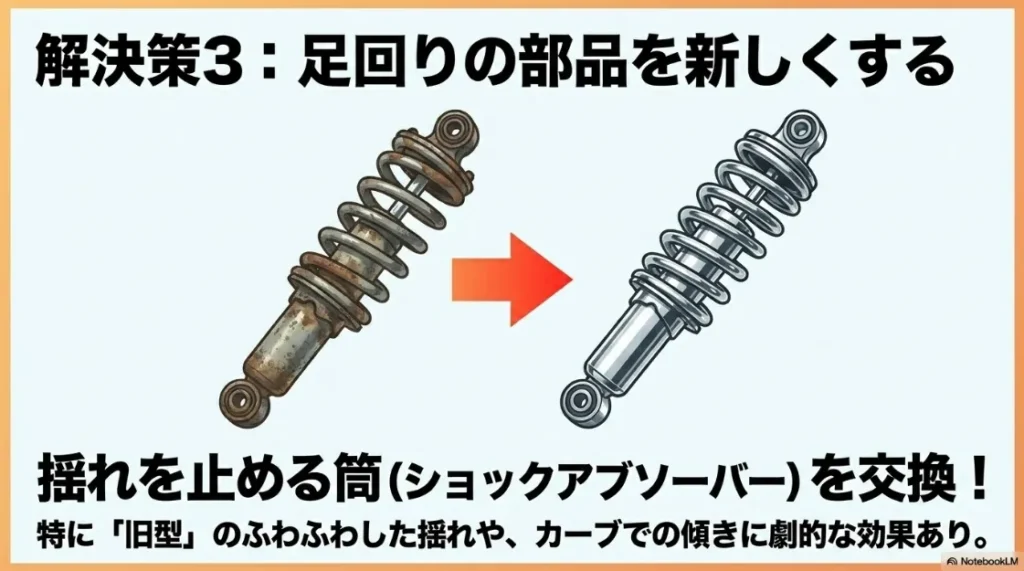 ショックアブソーバーを交換することで、旧型の揺れやカーブでの傾きを抑える効果についての解説。