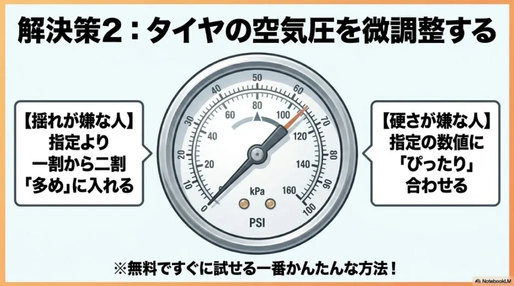硬さ対策としての指定空気圧と、揺れ対策としての1〜2割多めの設定を比較した空気圧計のイラスト。