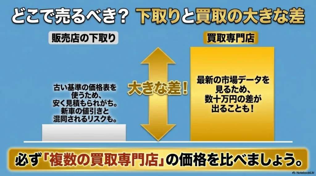 下取りと買取専門店の査定額の差。最新の市場データを見る買取店なら、下取りより数十万円高くなる可能性がある