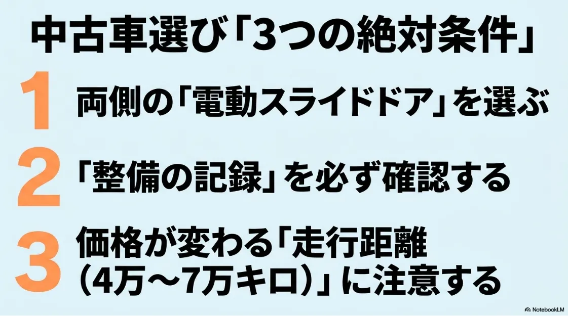中古車選びの3つの絶対条件。電動スライドドア、整備記録、走行距離(4万〜7万キロ)の注意点 。