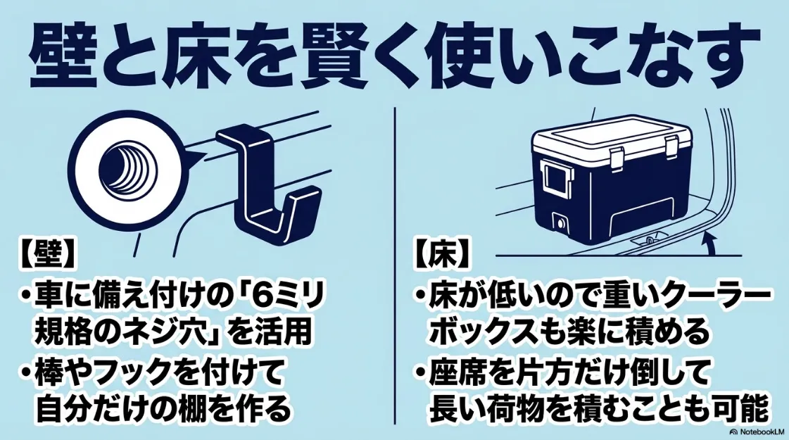 6ミリ規格のユーティリティホールを活用した棚作りと、低い床を活かした重いクーラーボックスの積載解説図