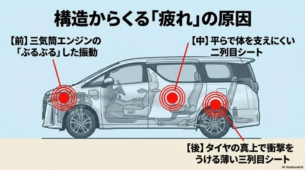 三気筒エンジンの振動や、2列目・3列目シートの構造による疲れの原因を示した車体透過図。