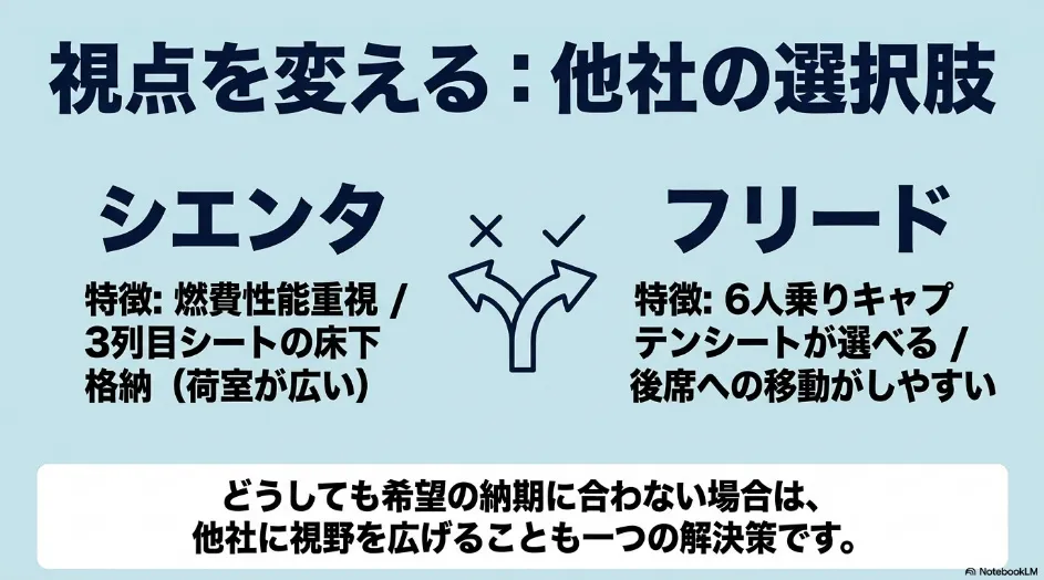 シエンタとフリードの特徴を比較し納期が合わない場合の代替案を示した図