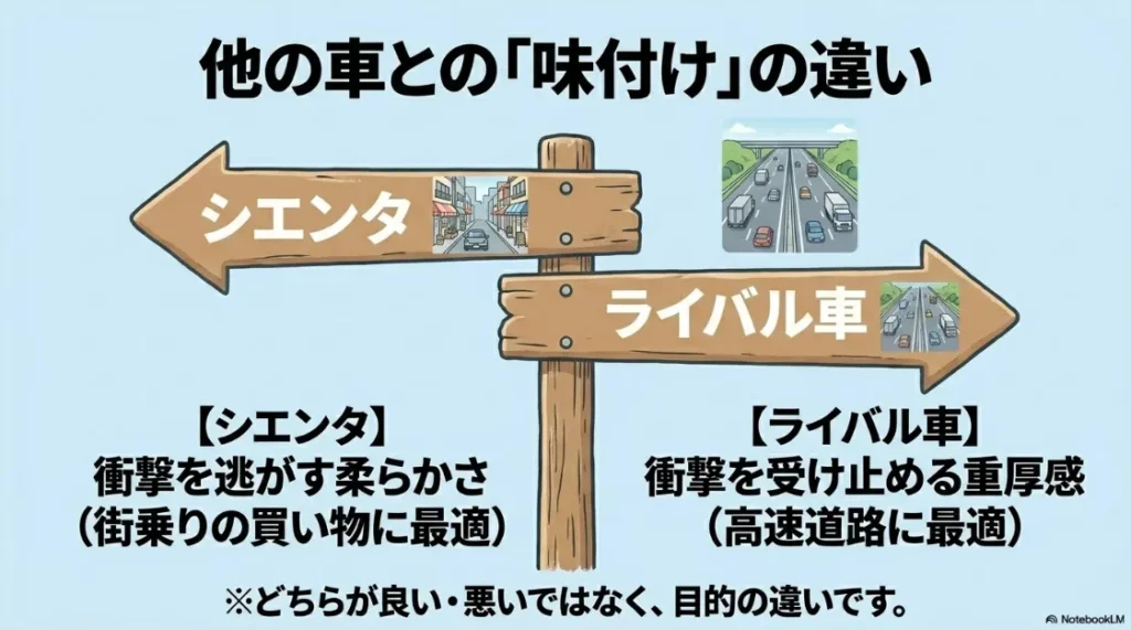 シエンタ（街乗り・買い物向け）とライバル車（高速道路・重厚感向け）の味付けの違いを解説した比較図。
