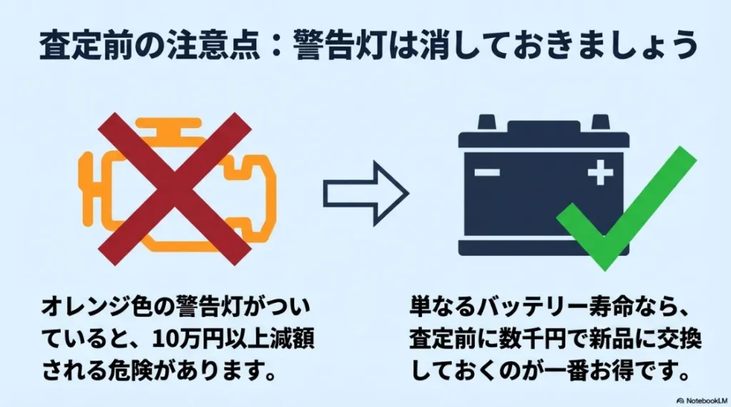 査定前の警告灯消去とバッテリー交換による減額リスク回避の重要性