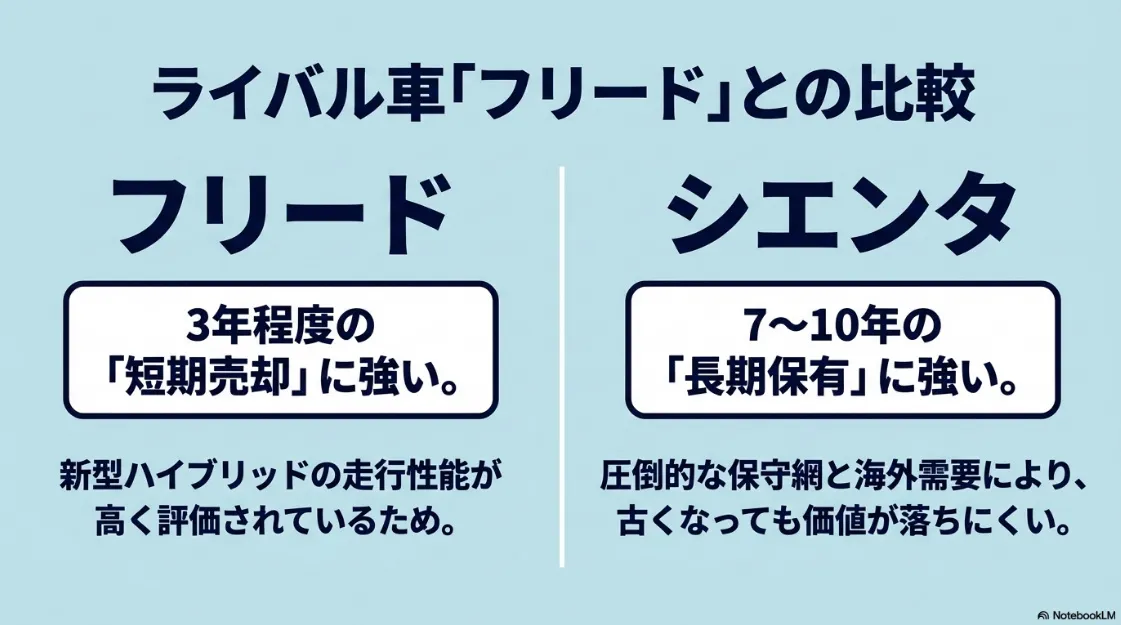 シエンタとフリードの比較表。フリードは3年程度の短期、シエンタは7〜10年の長期保有でリセール上の強みがあることを図解。
