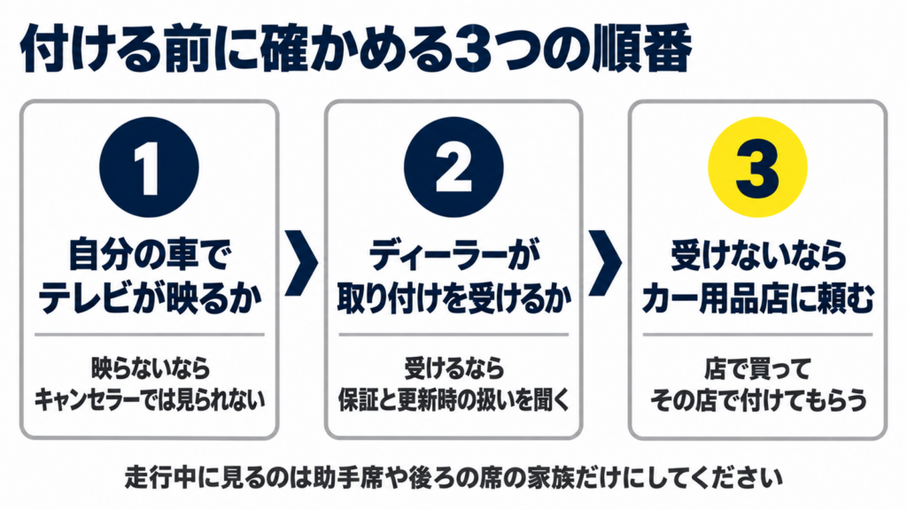 テレビが映るか、ディーラーが受けるか、受けないならカー用品店に頼むかの3つの順番を示した図