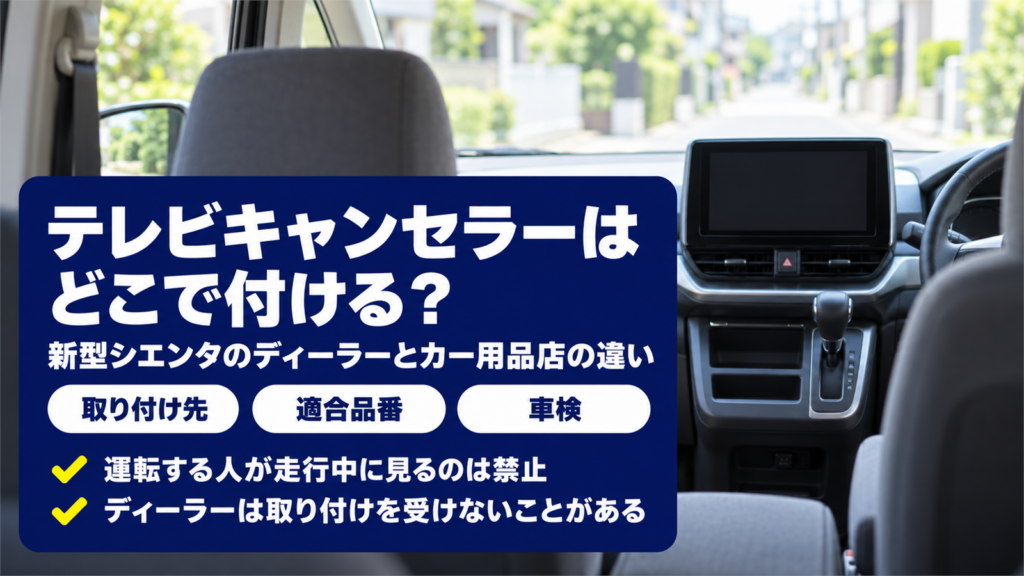後部座席から見た車内のダッシュボードと画面を背景にした、テレビキャンセラーの取り付け先の記事のバナー
