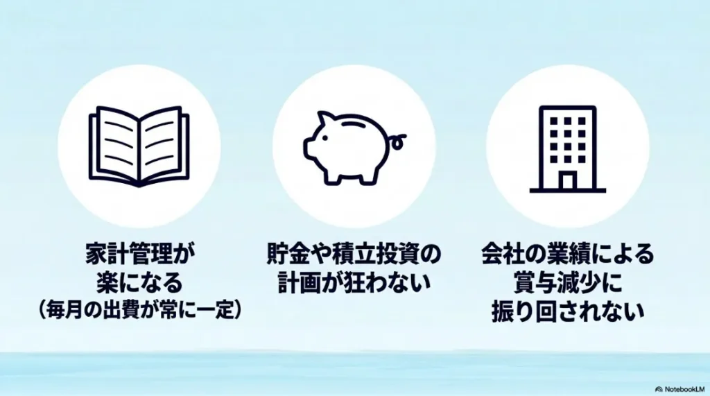 定額払いのメリットとして、家計管理の簡略化、貯金・投資計画の安定、賞与減少リスクの回避を挙げたアイコン付きスライド。