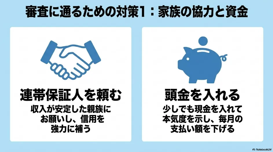 カーリース審査に通るための対策1：連帯保証人を頼む・頭金を入れるなど家族の協力と資金。
