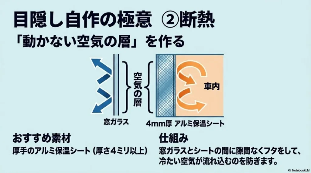 アルミ保温シートによる断熱の仕組み。窓ガラスとの間に動かない空気の層を作り、冷気を防ぐ構造の図解。