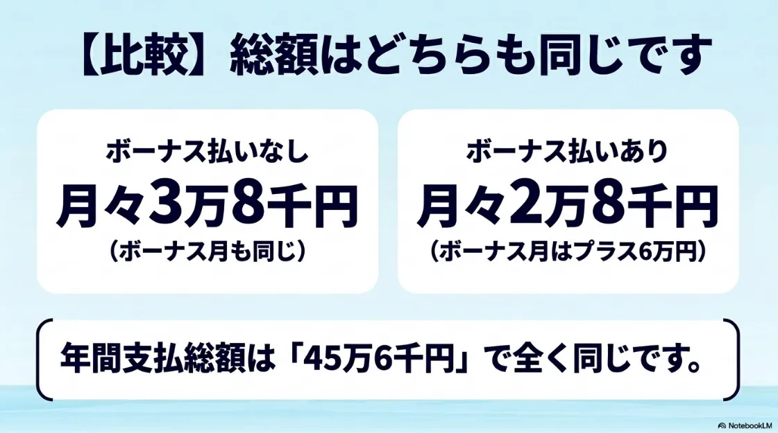 ボーナス払い「なし」と「あり」の比較表。月々3万8千円と2万8千円+ボーナス時の差はあるが、年間総額は45万6千円で同一であることを示すスライド。