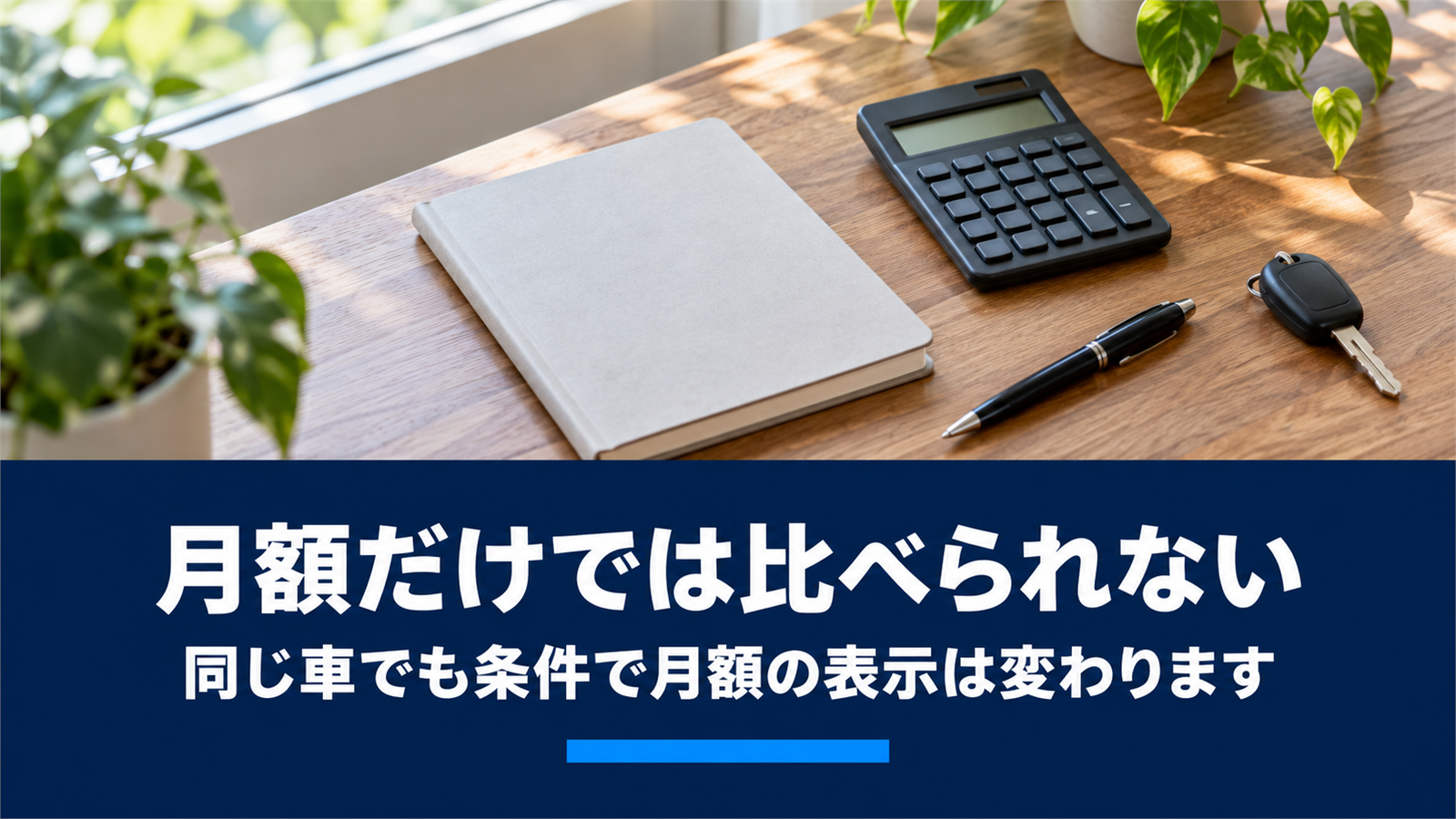 窓辺の木製デスクに置かれたノートと電卓と車の鍵