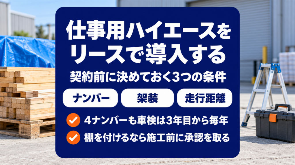 角材や工具箱が置かれた資材置き場を背景にした、仕事用ハイエースのリースの記事のバナー
