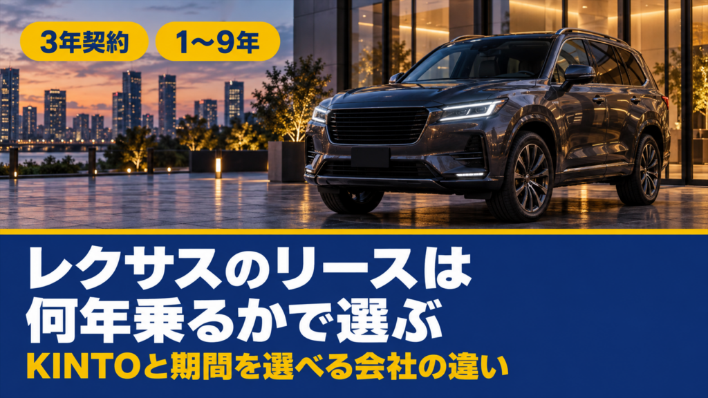 夕暮れのガラス張りの建物の前に止まった大型SUV