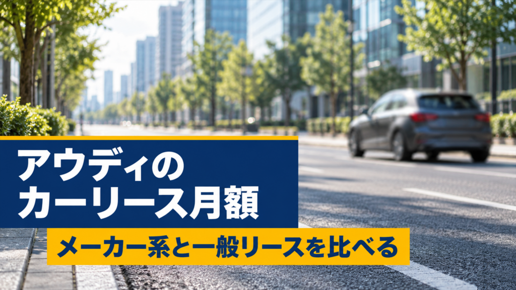 ガラス張りのビルが並ぶ並木道を走る濃いグレーのハッチバック