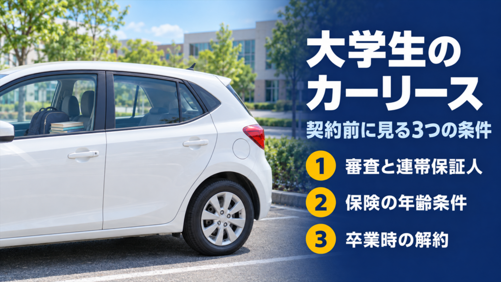 校舎の前の駐車場に停めた白い小型車と大学生のカーリースのバナー