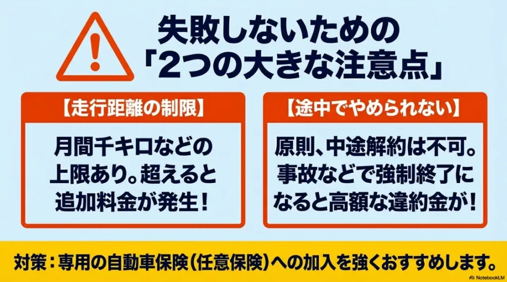 カーリースの注意点である走行距離制限と中途解約不可のリスク、および任意保険加入の推奨について
