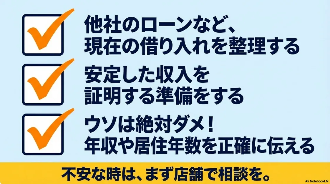 カーリース審査をスムーズに通るための準備（借り入れ整理、収入証明、正確な情報）のチェックリスト
