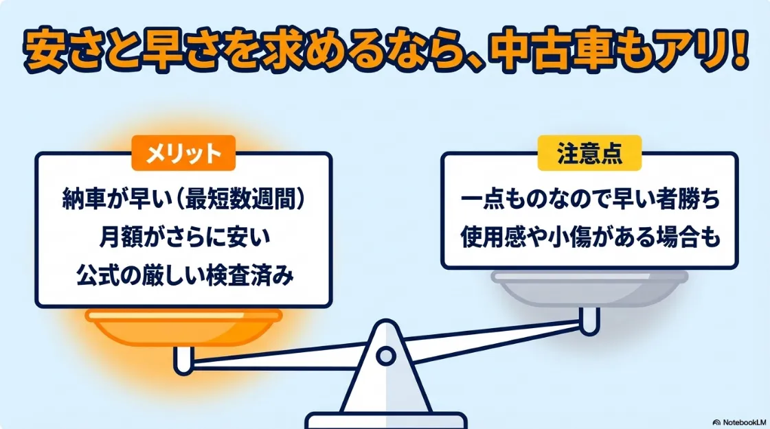 中古車カーリースのメリット（納車が早い、安い）と注意点（一点もの、使用感）のまとめ