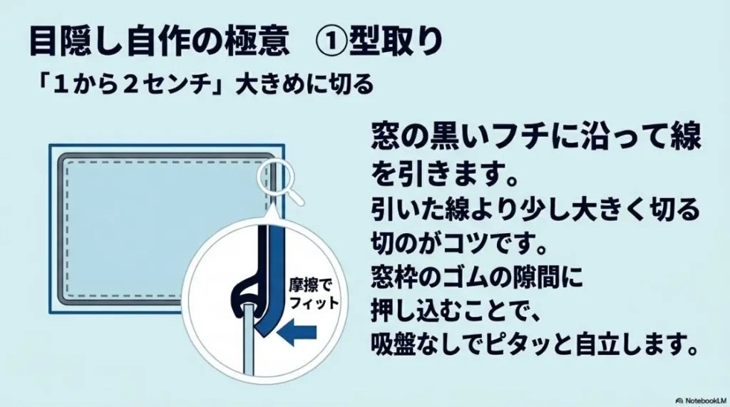目隠し自作の型取りの極意。窓枠より1〜2cm大きく切り、ゴムの隙間に押し込んで摩擦でフィットさせる方法。