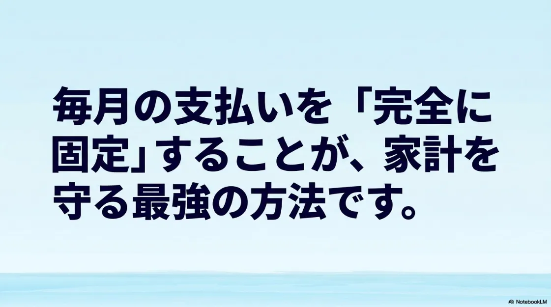 毎月の支払いを完全に固定することが、家計を守る最強の方法であると説明するスライド。
