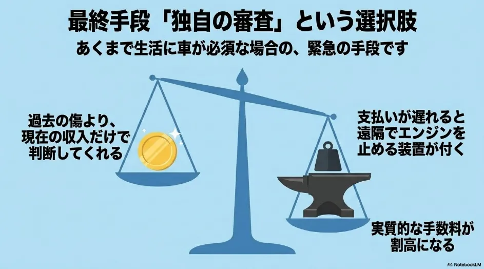 最終手段となる独自の審査という選択肢：自社審査型カーリースの仕組みと割高な手数料などの注意点。