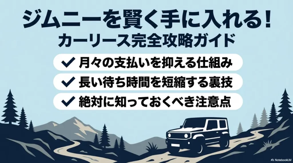 ジムニーを賢く手に入れるためのカーリース完全攻略ガイドの表紙。月額を抑える仕組みや納期短縮の裏技、注意点を網羅。