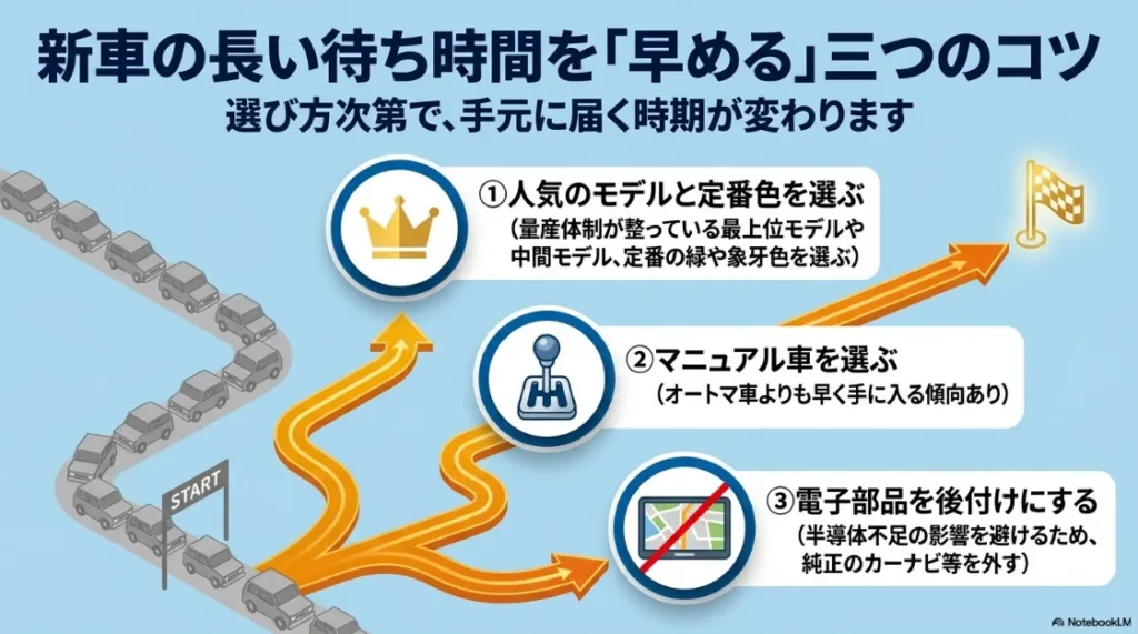 新車ジムニーの長い待ち時間を早める3つのコツ。人気モデル・定番色の選択、マニュアル車（MT）の検討、電子部品の後付けについて。