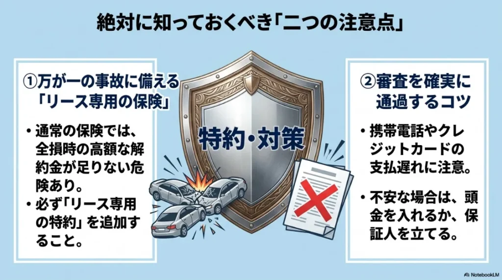 カーリース契約で絶対に知っておくべき注意点。全損事故に備えるリース専用保険の必要性と、審査を通過するためのコツ。