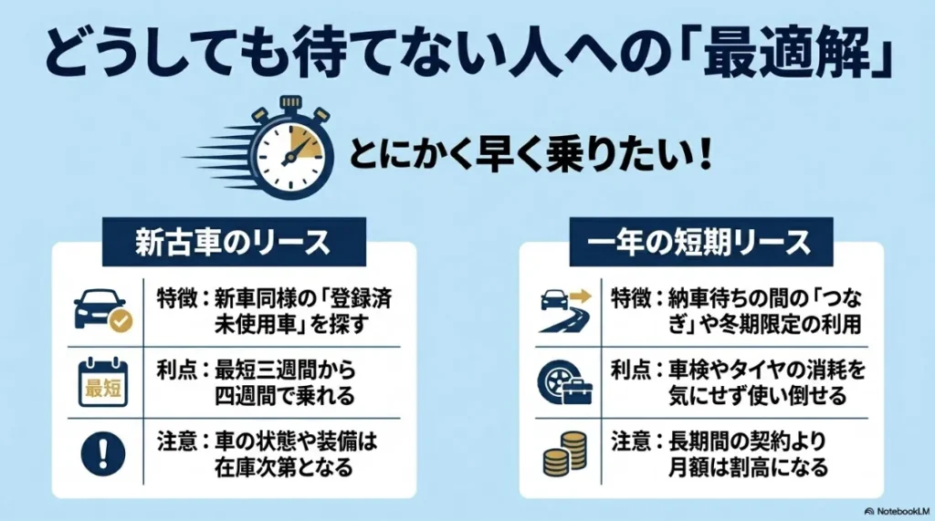 納期を待てない人への最適解。最短3〜4週間で乗れる新古車（登録済未使用車）リースと、つなぎに便利な1年短期リースの比較。
