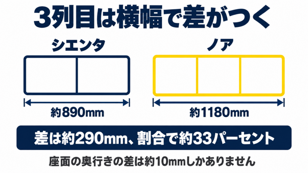 シエンタとノアの3列目の座面幅を比べた図