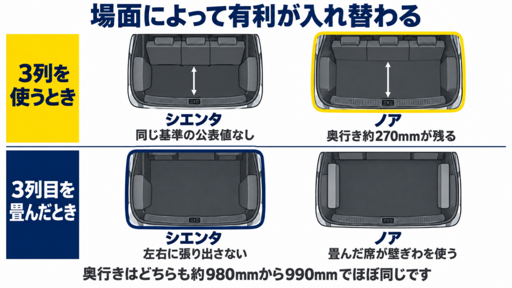 3列目を使うときと畳んだときで荷室の有利が入れ替わる図