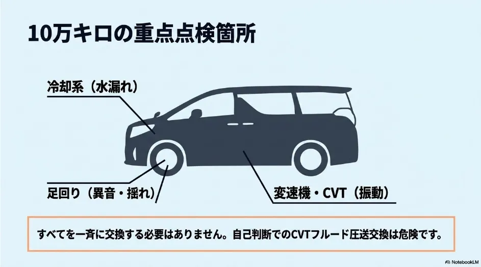 10万km前後のシエンタで冷却系、足回り、CVTの状態を重点的に点検する箇所を示した図