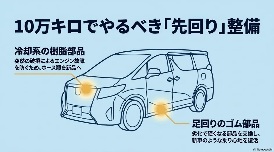シエンタの10万キロ時点でやるべき先回り整備として、冷却系の樹脂部品や足回りのゴム部品の予防交換を推奨するスライド