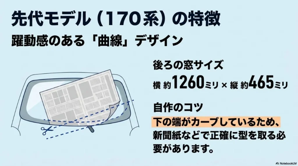 先代170系シエンタのリア窓サイズ（1260mm×465mm）と、曲線デザインに合わせた新聞紙での型取りのコツ。