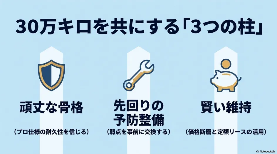 シエンタで30万キロを共にするための3つの柱（頑丈な骨格、先回りの予防整備、賢い維持）を解説するスライド