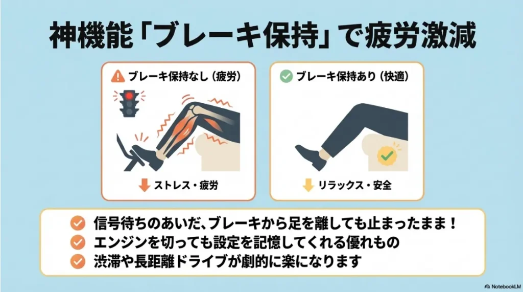 ブレーキ保持機能により信号待ちで足を離せるメリットと、疲労激減をイメージした比較イラスト