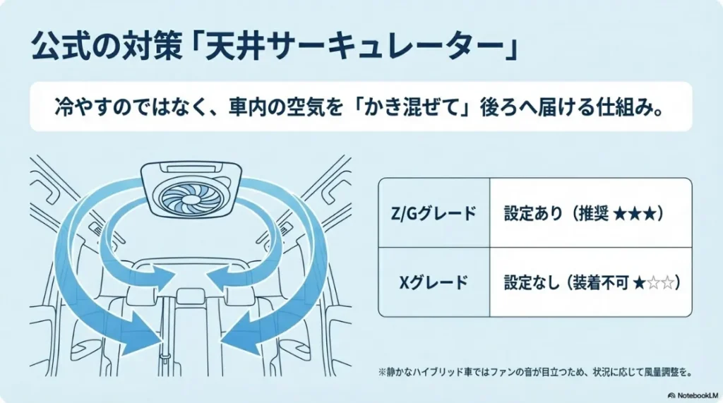 天井サーキュレーターの仕組みと、Z・G・X各グレードにおける設定有無と推奨度をまとめた比較表。
