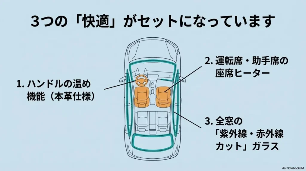 シエンタのコンフォートパッケージに含まれる3つの機能（ステアリングヒーター、座席ヒーター、全窓UV・IRカットガラス）を車内俯瞰図で示したイラスト。