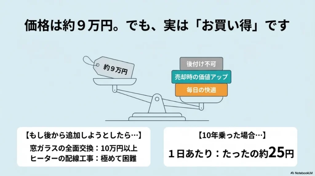 オプション価格約9万円と、後付け不可の価値やリセールバリュー、毎日の快適性を天秤にかけたコストパフォーマンスの説明図。