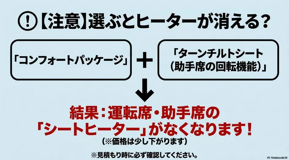 シエンタでコンフォートパッケージとターンチルトシートを同時装着すると前席のシートヒーターが非装着になる注意点